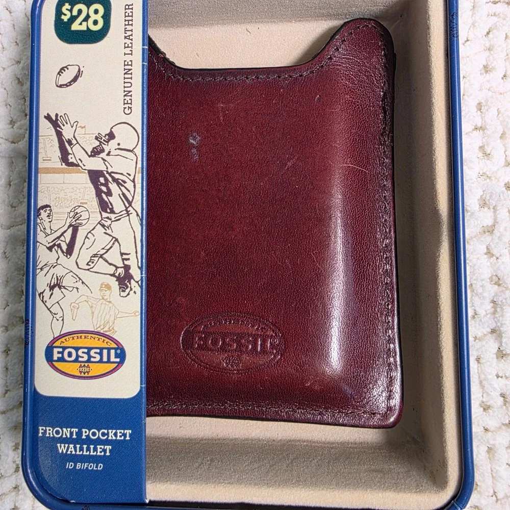 Fossil Front Pocket Wallet Burgundy Leather Money‎ Clip Mens w/ Metal Case